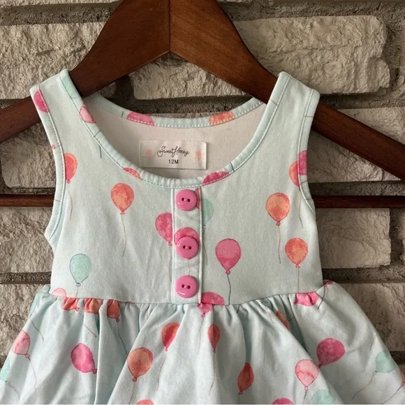 SweetHoney Light Blue Pink Balloon Printed Skirted Bodysuit Size 12 Months